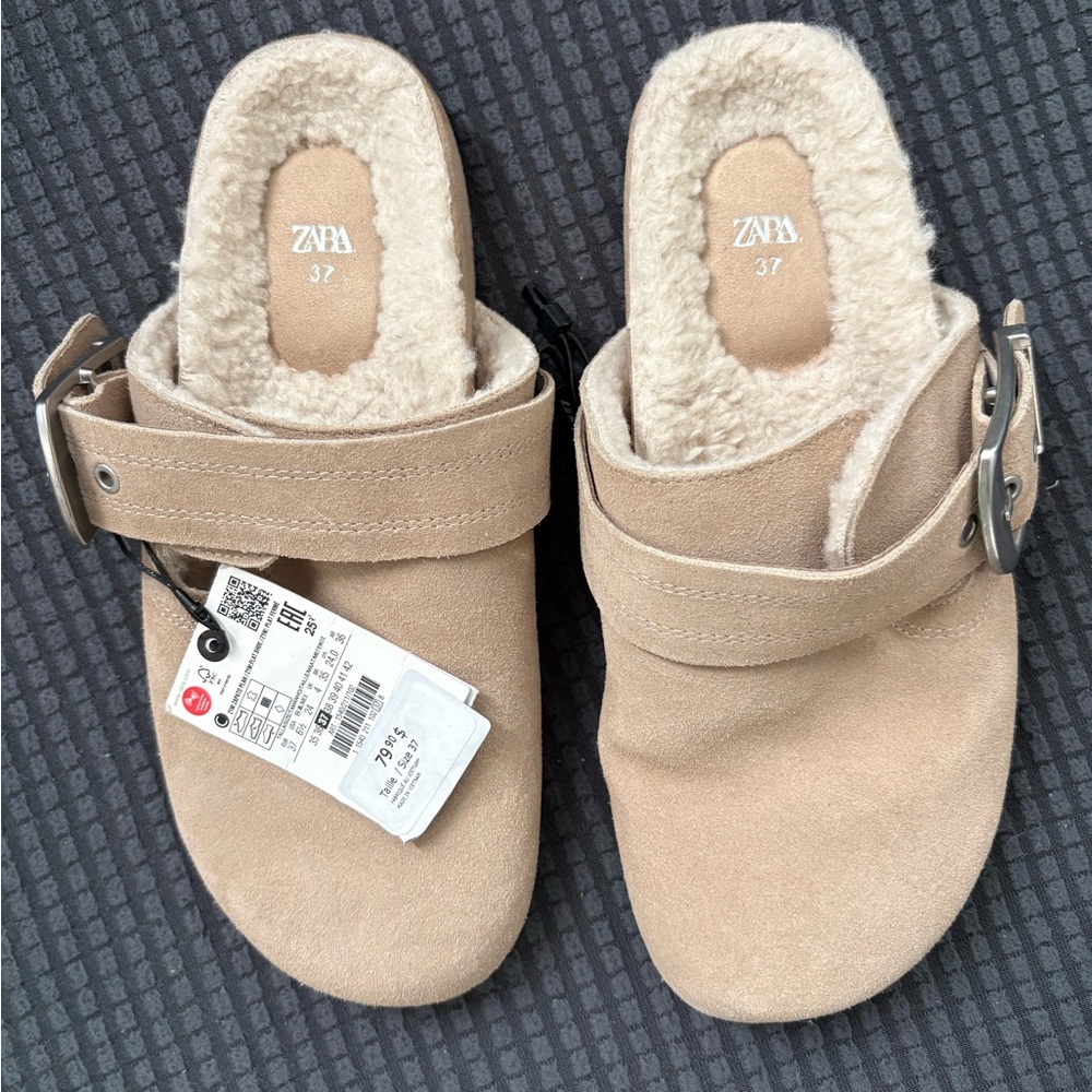 Zara Beige Suede Clogs with Strap